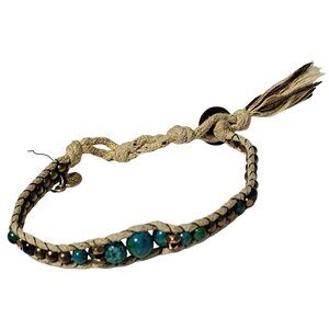 Handcrafted Bohemian Braided Hemp Bracelet Blue Bronze Beads Friendship